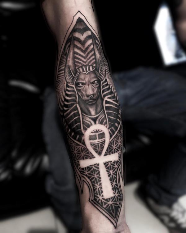 Anubis and Ankh with flower of life tattoo