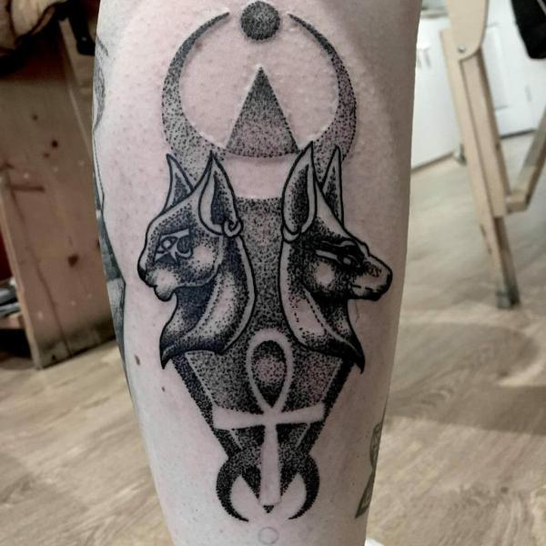 Anubis and Bastet tattoo dotwork
