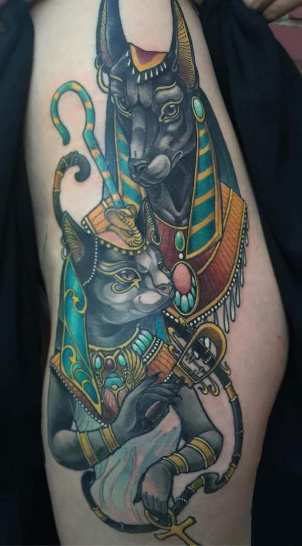 Anubis and Bastet tattoo traditional