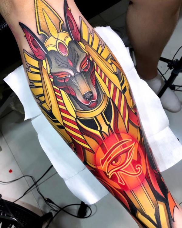 Anubis and Eye of Horus forearm tattoo