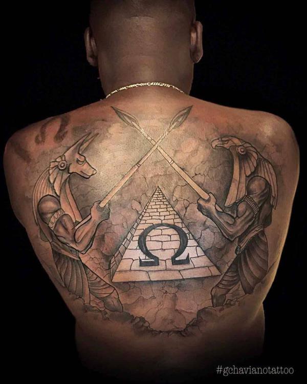 Anubis and Horus guarding Pyramid tattoo