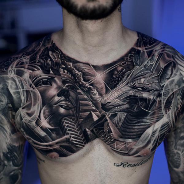 Anubis and King Tut chest tattoo
