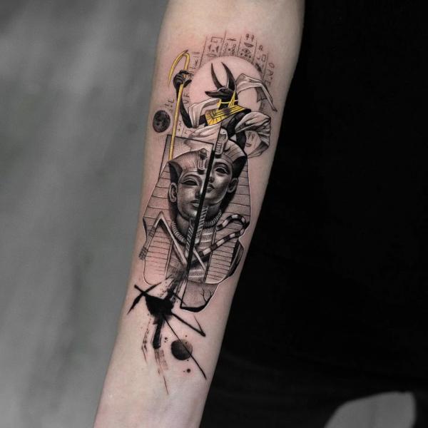 Anubis and King Tut forearm tattoo