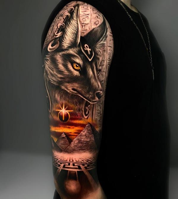 Anubis and Pyramids with Hieroglyphics tattoo