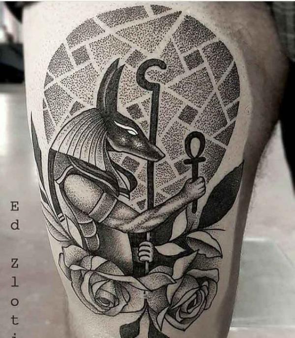 Anubis and Rose dotwork tattoo