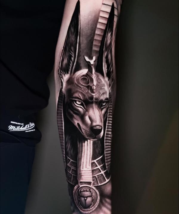 Anubis and Scarab Beetle sleeve tattoo