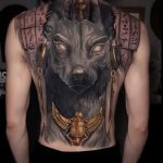 Anubis and Scarab Beetle with Hieroglyphics tattoo on back