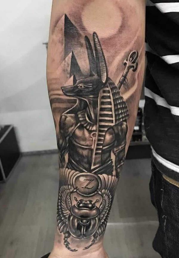 Anubis and Scarab Beetle with Pyramids tattoo