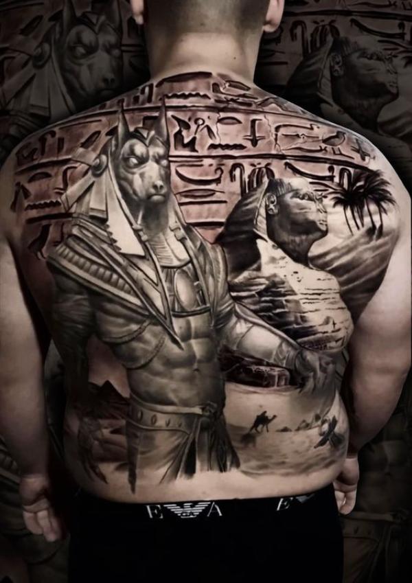 Anubis and Sphinx with hieroglyphics back tattoo