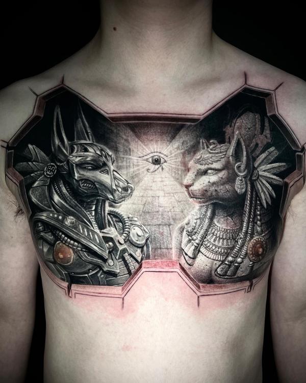 Anubis and bastet chest with eye of Ra tattoo