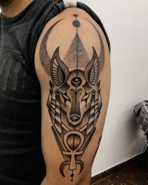 Anubis and crescent moon dotwork