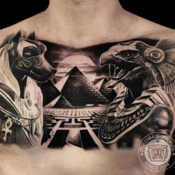 Anubis and horus chest tattoo