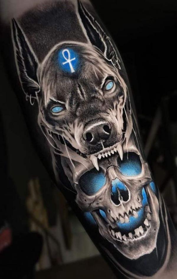 Anubis and skull tattoo