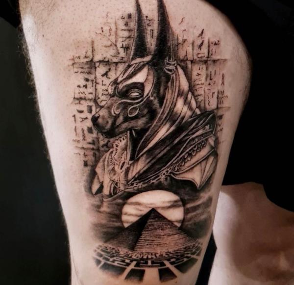 Anubis moon and Pyramid tattoo