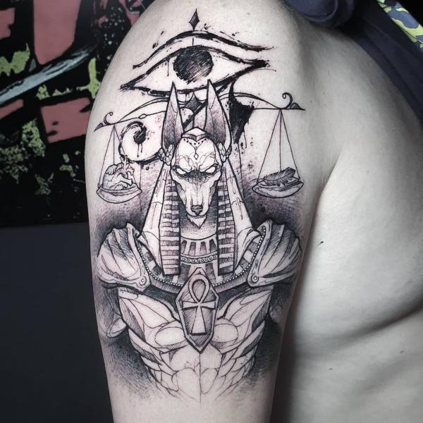 Anubis weighing heart with feather with Eye of Ra and Ankh tattoo