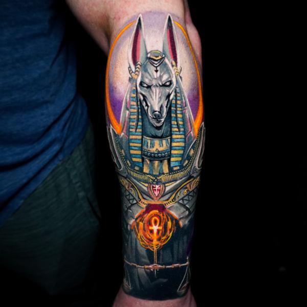 Anubis with Ankh outer forearm tattoo