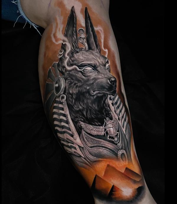 Anubis with Scarab Beetle and Pyramids calf tattoo