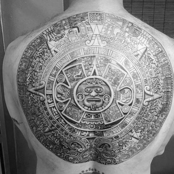 Aztec calendar back tattoo for men