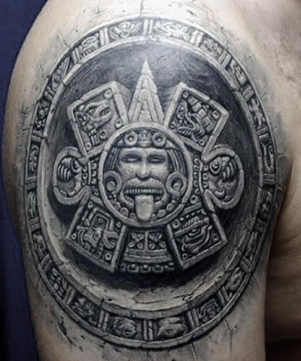 Aztec Calendar Tattoo On Shoulder 