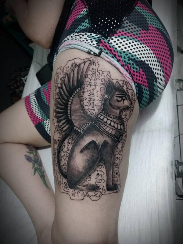 Bastet and Hieroglyphics tattoo on thigh