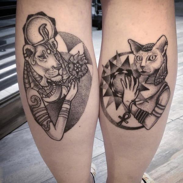 Bastet and Sekhmet tattoo on calf