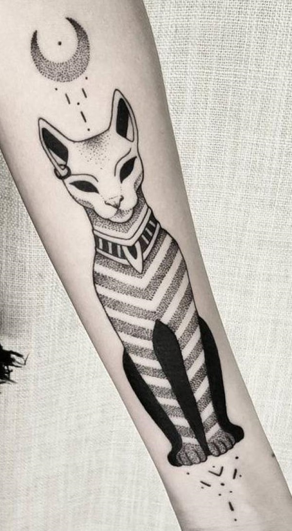 Bastet and crescent moon tattoo