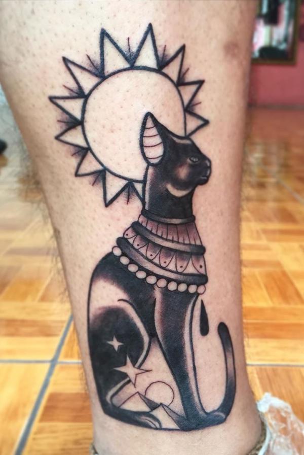 Bastet and sun tattoo