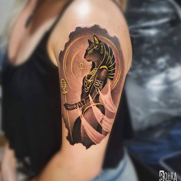 Bastet holding sistrum half sleeve tattoo