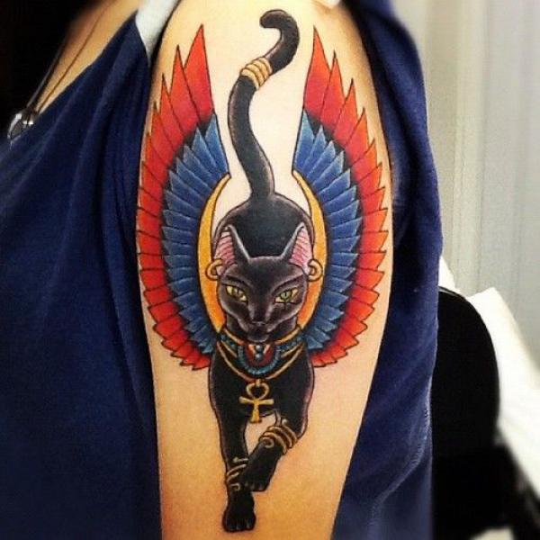 Bastet with wings tattoo traditional
