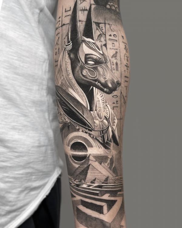 Black and grey Anubis Pyramids and Hieroglyphics tattoo