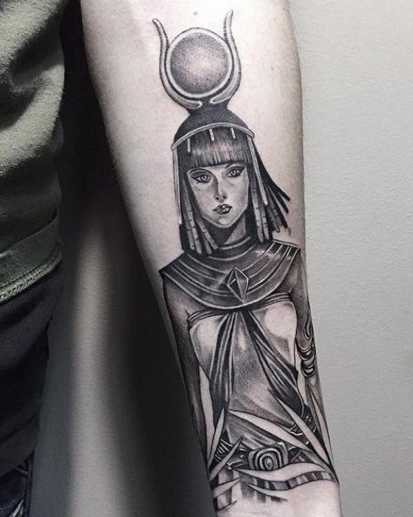 Black and grey Cleopatra forearm tattoo