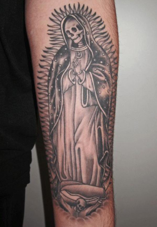 Black and grey Santa Muerte forearm tattoo