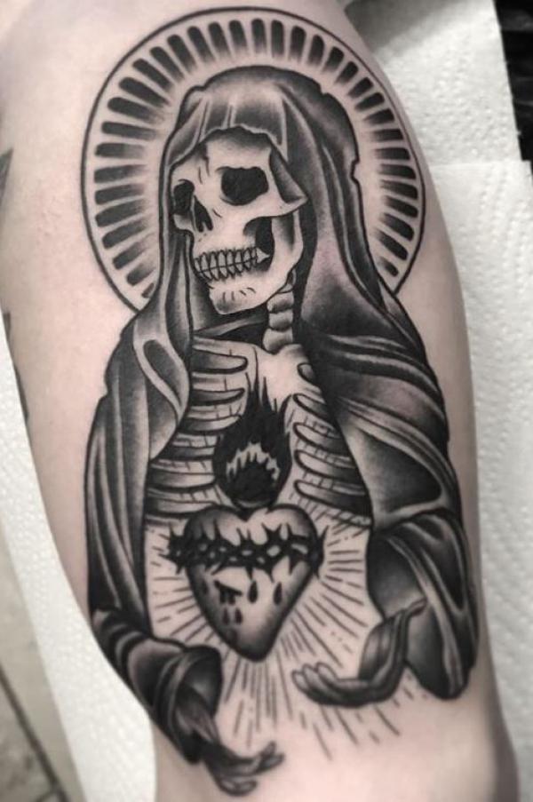 Black and white Santa Muerte and sacred heart tattoo