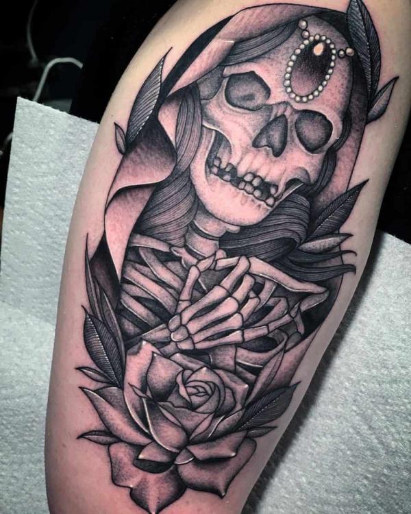 Black and white Traditional Santa Muerte Tattoo
