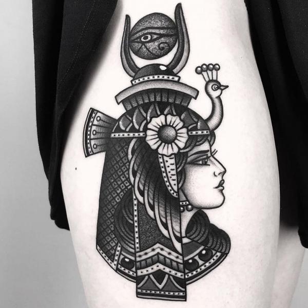 Black and white traditional Cleopatra tattoo