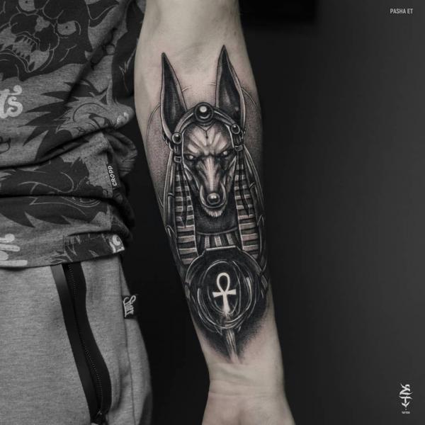 Blackwork Anubis with Ahkh forearm tattoo