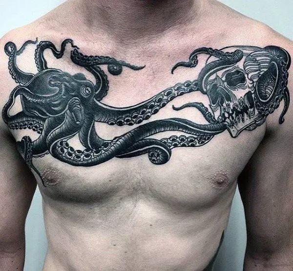 Blackwork Kraken and skull tattoo on chest
