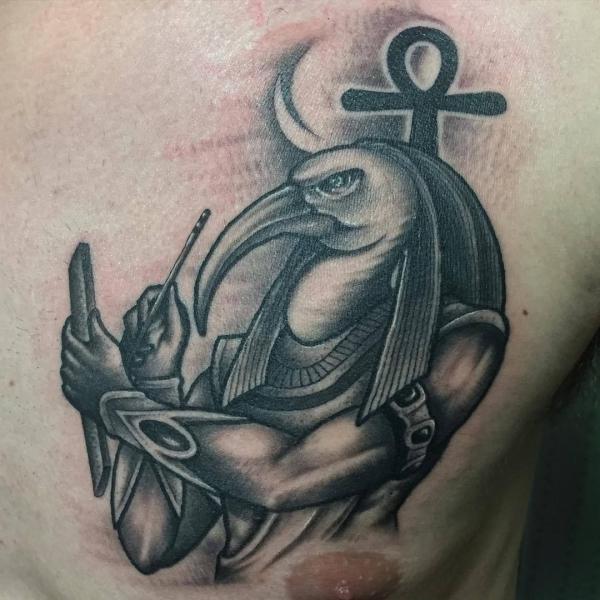 Blackwork writing Thoth and Ankh tattoo