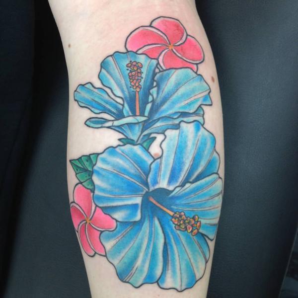 Blue hibiscus and red plumeria tattoo traditional