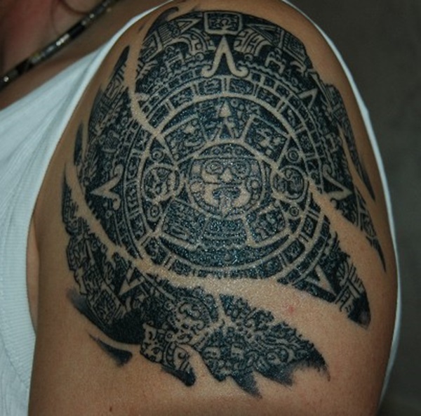 Broken Aztec calendar blackwork tattoo