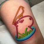 Capybara and bird bold line work tattoo on thigh