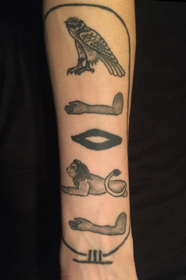 Cartouche Hieroglyphics forearm tattoo