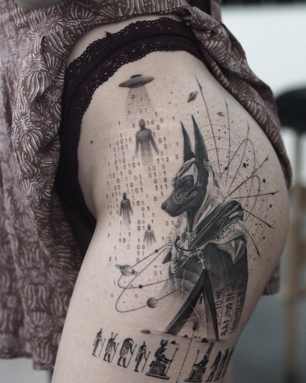 Celestial Anubis hip tattoo