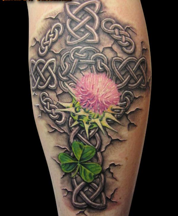 Celtic cross with thistle tattoo