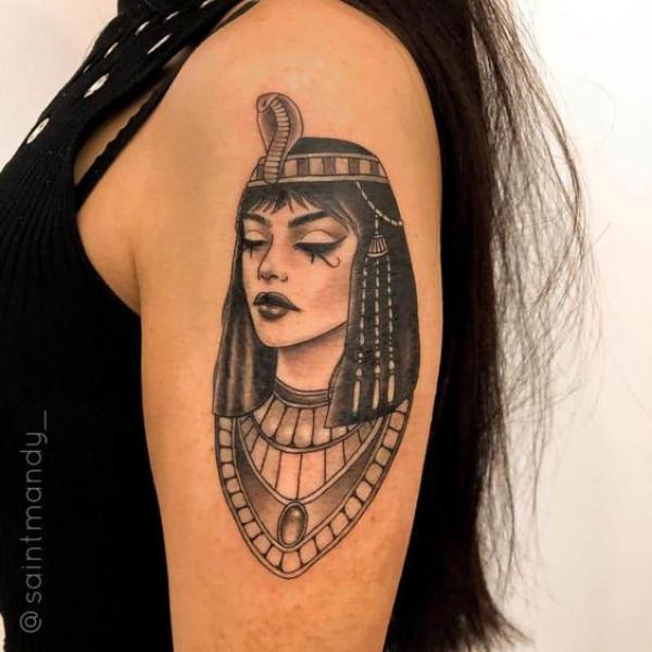 Cleopatra Portrait tattoo on upper arm