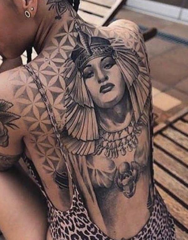 Cleopatra Scarab and flower of life tattoo on back
