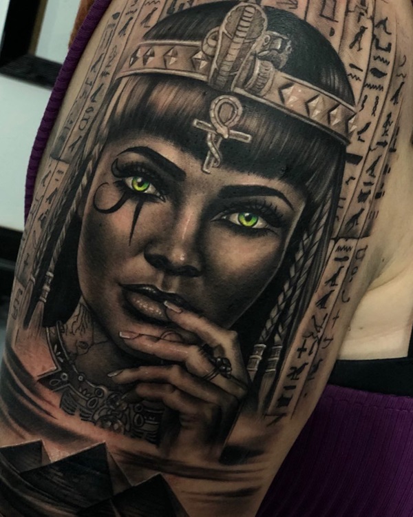 Cleopatra and Hieroglyphics half sleeve tattoo