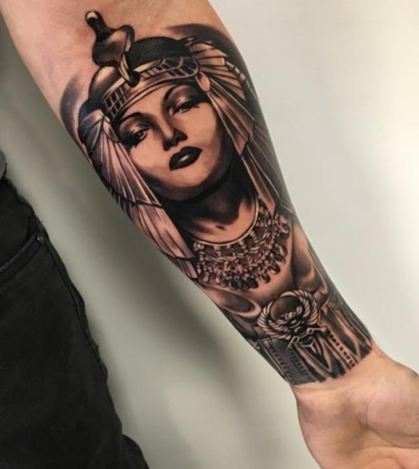 Cleopatra and Scarab beetle forearm tattoo