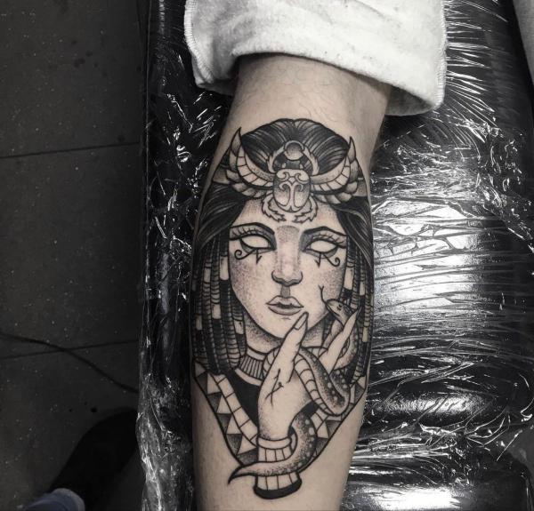 Cleopatra and snake tattoo black and grey