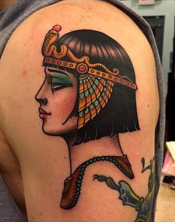 Cleopatra side view portrait tattoo traditional style